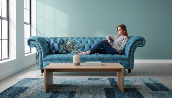 Blo Dräisëtzer Samett Canapé Wunnzëmmer Canapéen Sofa Sëtzmiwwel Sofa Chesterfield