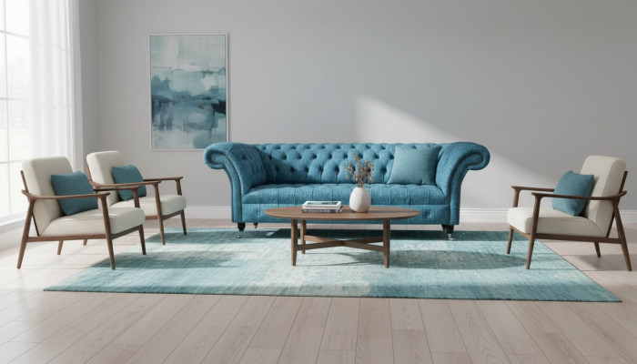 Blo Dräisëtzer Samett Canapé Wunnzëmmer Canapéen Sofa Sëtzmiwwel Sofa Chesterfield