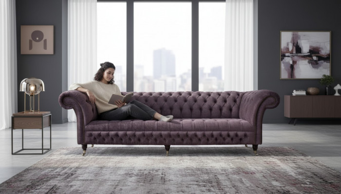 Design Sofa 4 Sëtzer Canapé Polster Luxus Textil Sofae Chesterfield