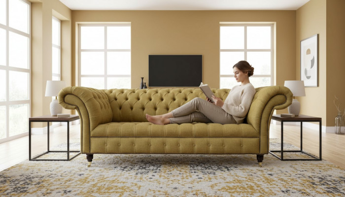 Chesterfield Dräisëtzer Luxus Sofa 3 Sitz Sofasch Sëtz Design Canapé Miwwelen Beige