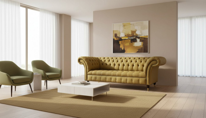 Chesterfield Dräisëtzer Luxus Sofa 3 Sitz Sofasch Sëtz Design Canapé Miwwelen Beige