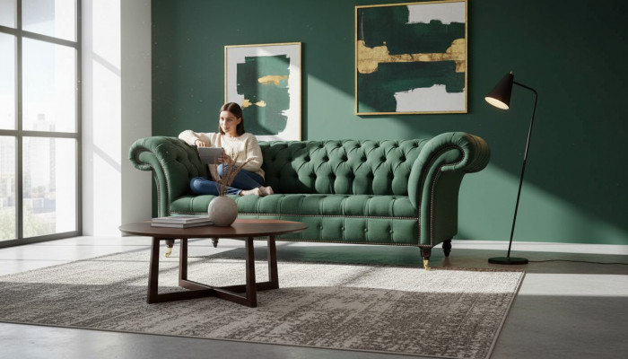 Dreisëtzer Canapé Textil Gréng Polster Miwwelen Chesterfield Sofas Canapéen