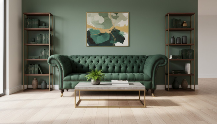 Dreisëtzer Canapé Textil Gréng Polster Miwwelen Chesterfield Sofas Canapéen