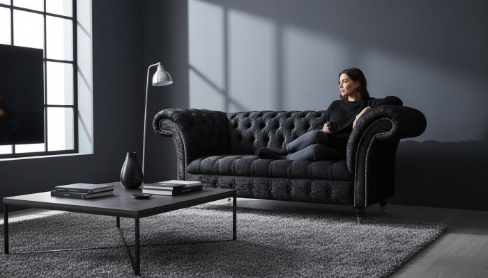 Englesch Chesterfield Büro Sëtzmobilier Arechtung Sofa Couch 2 Sëtz Schwaarz
