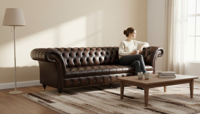 Ledercouch Sofa 4 Sëtzer Couch Luxus Klassesch Lieder Chesterfield Couches