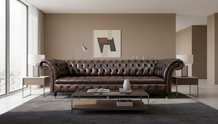 Ledercouch Sofa 4 Sëtzer Couch Luxus Klassesch Lieder Chesterfield Couches
