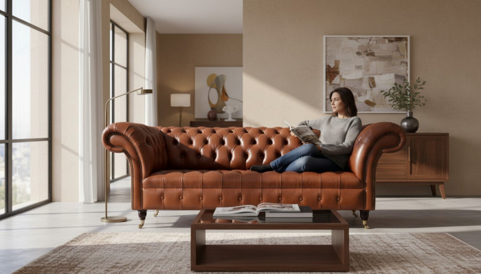 Chesterfield Sofa 3 Sëtz Braun Modern Polster Lieder Wunnzëmmer Design