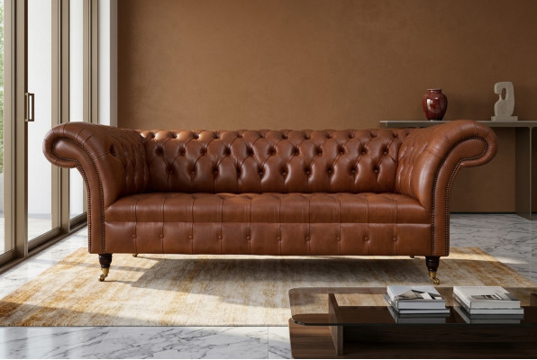 Chesterfield Sofa 3 Sëtz Braun Modern Polster Lieder Wunnzëmmer Design