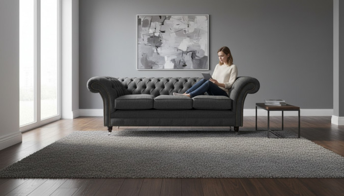 Chesterfield Textil Polster Design Canapé Luxus Couch Gri Sofa 3 Sëtzer