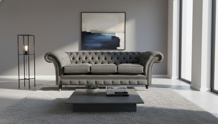 Chesterfield Textil Polster Design Canapé Luxus Couch Gri Sofa 3 Sëtzer