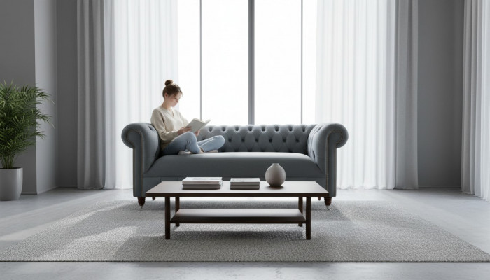 Chesterfield Textil Sofa 3 Sitzplazen Dräisëtzer Luxus Miwwelen Design Lounge