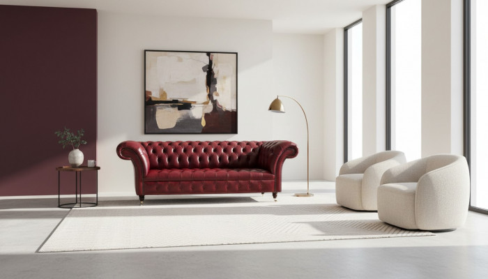 Chesterfield 3-Sëtzer Lieder Canapé Polster Luxus Braun Sofa Miwwelen 230cm