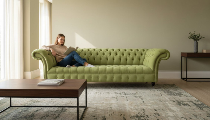 Chesterfield Gréng Canapé Sofa Polster 4 Sëtzer Canapéen Sëtz Sofas Nei