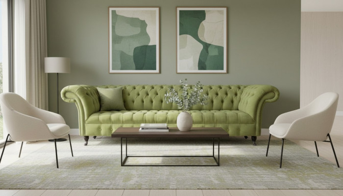 Chesterfield Gréng Canapé Sofa Polster 4 Sëtzer Canapéen Sëtz Sofas Nei