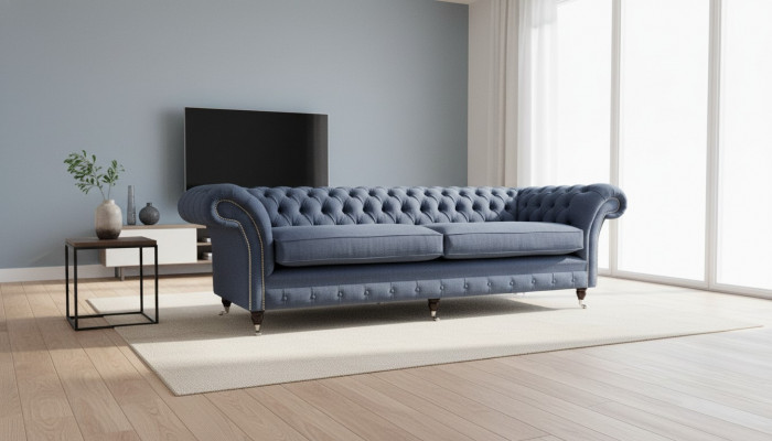 Chesterfield Design Sofa 4 Sëtz Stoff Couch Blo Polster Wunnzëmmer