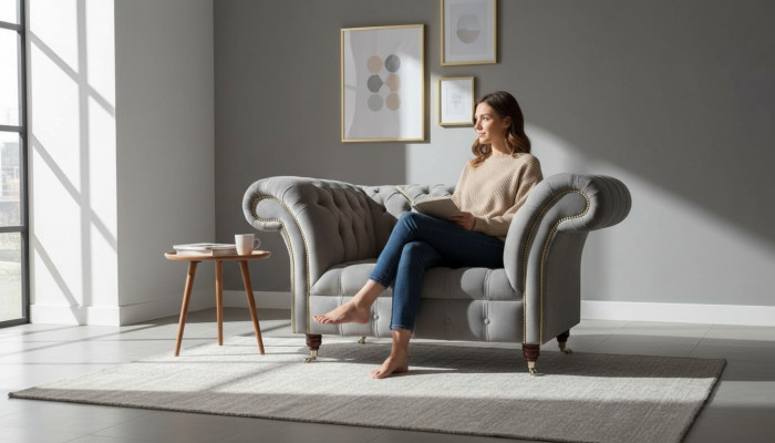 Grau Chesterfield Oueresessel Grau Sessel Couch Stoffcanapé Wunnzëmmer