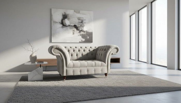 Grau Chesterfield Oueresessel Grau Sessel Couch Stoffcanapé Wunnzëmmer