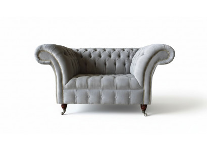 Grau Chesterfield Oueresessel Grau Sessel Couch Stoffcanapé Wunnzëmmer
