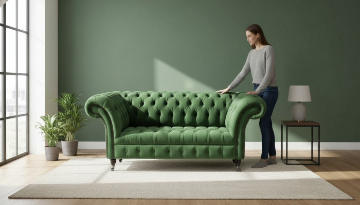 Chesterfield Büro Sëtzmiwwel Ariichtung Sofa Couch 2 Sëtz Textil Gréng