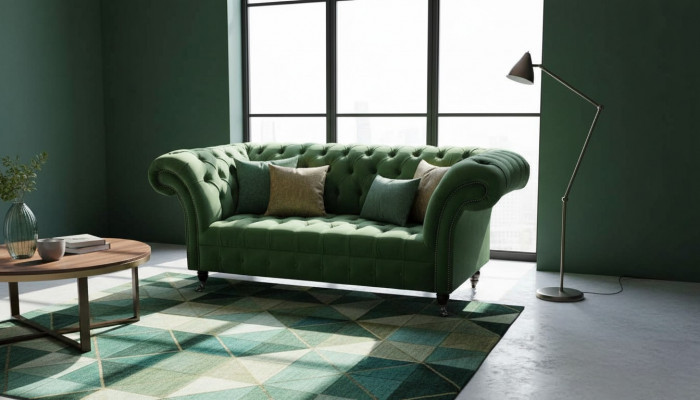 Chesterfield Büro Sëtzmiwwel Ariichtung Sofa Couch 2 Sëtz Textil Gréng