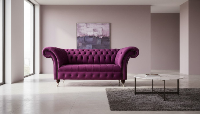 Englesch Chesterfield Büro Sëtzméiwelemiichtung Sofa Canapé 2 Sëtzer Violett