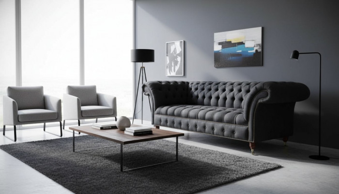 Chesterfield Dräisëtzer Sofa 3 Sëtzer Couch Polster Couchen Design Textil
