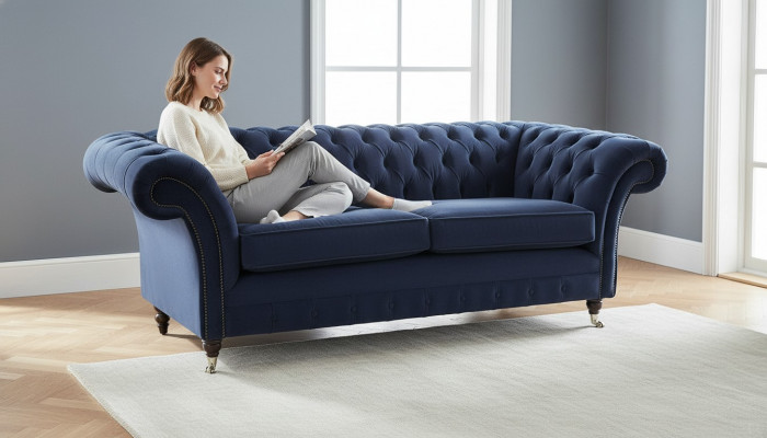 Klassesch Chesterfield Wunnzëmmer Samett Canapé Blo 3 Plazen Textil Sofaen