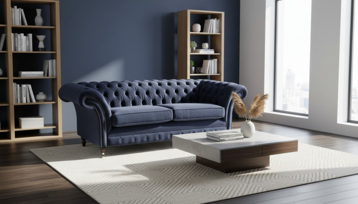 Klassesch Chesterfield Wunnzëmmer Samett Canapé Blo 3 Plazen Textil Sofaen