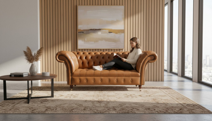 Chesterfield Stoff Sofa Canapé Textil Canapéen Büro Ariichtung Englesch Miwwelen