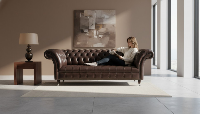 Dräisëtzer Chesterfield Sofa 3 Sëtzer Sofaen Braun Lieder Wunnzëmmer Luxus