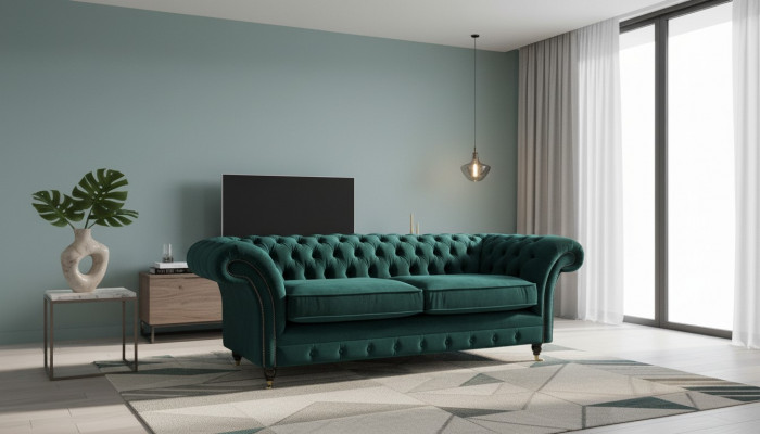 Chesterfield Polster 3 Sëtzer Textil Canapé Sofa Dräisëtzer Canapé Samt