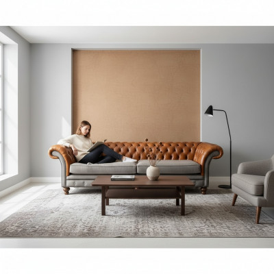 Klassesch 4-Sëtzer Chesterfield Canapé a Braun - Héichwäertegt Textil an Edele Liederdesign