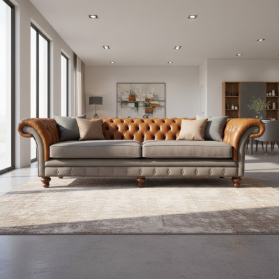 Klassesch 4-Sëtzer Chesterfield Canapé a Braun - Héichwäertegt Textil an Edele Liederdesign