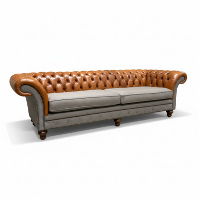 Klassesch 4-Sëtzer Chesterfield Canapé a Braun - Héichwäertegt Textil an Edele Liederdesign