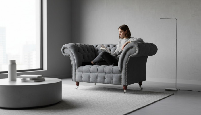 Chesterfield Design Fauteuil Grau Gestoffert Luxus Textil Canapéen 1 Sëtzer