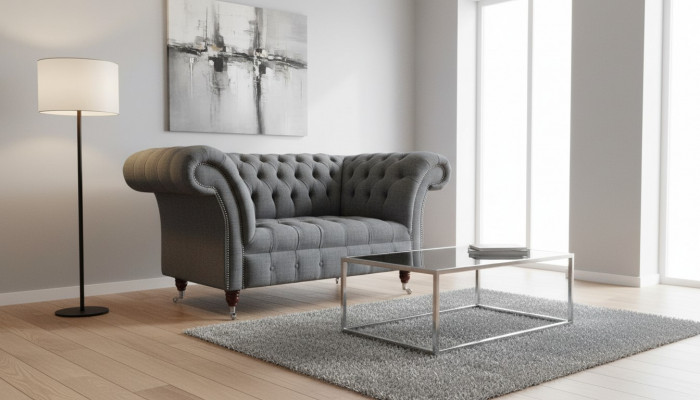 Chesterfield Design Fauteuil Grau Gestoffert Luxus Textil Canapéen 1 Sëtzer