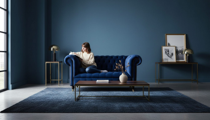 Chesterfield Büro Sëtzmiwwelen Ariichtung Sofa Canapé 2 Sëtz Textil Blo