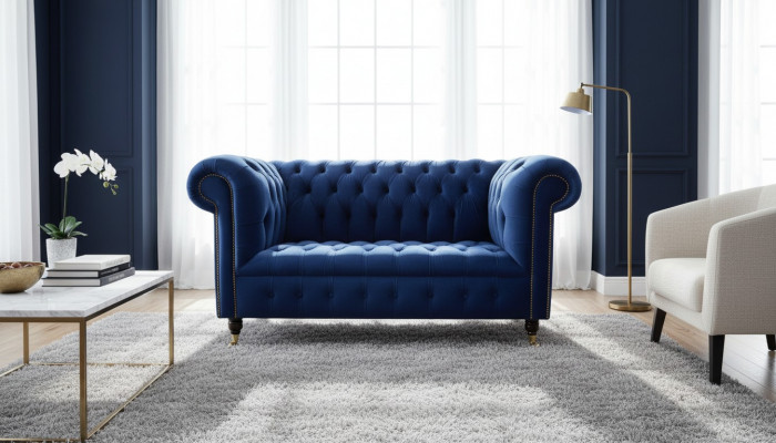 Chesterfield Büro Sëtzmiwwelen Ariichtung Sofa Canapé 2 Sëtz Textil Blo