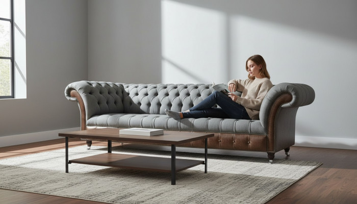 Englescht Chesterfield Luxus Textil Sofa 4 Sëtz Sofa Polster Design Stoffsofaen