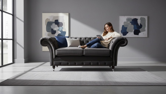 Chesterfield Textil Sofa 2-Sëtzer Polster Design Luxus Couch Stoffsofaen