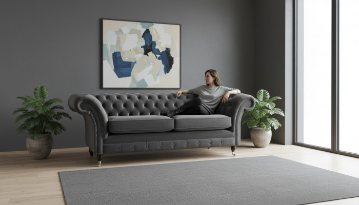 Sofa 3-Sëtzer Luxus Textil Chesterfield Couch Sofaen Polster Design Miwwelen