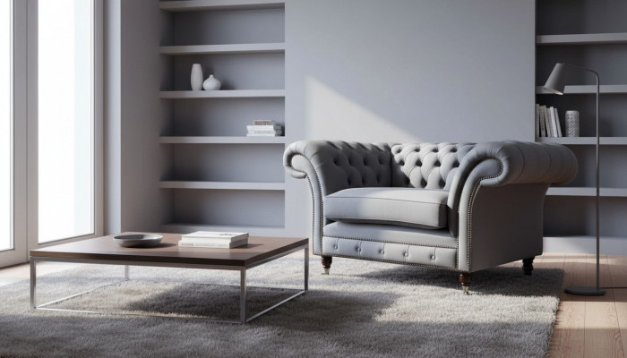 Design Chesterfield Stoff Couch Fotell 1 Sëtzer Polster Sofas Lounge Neit