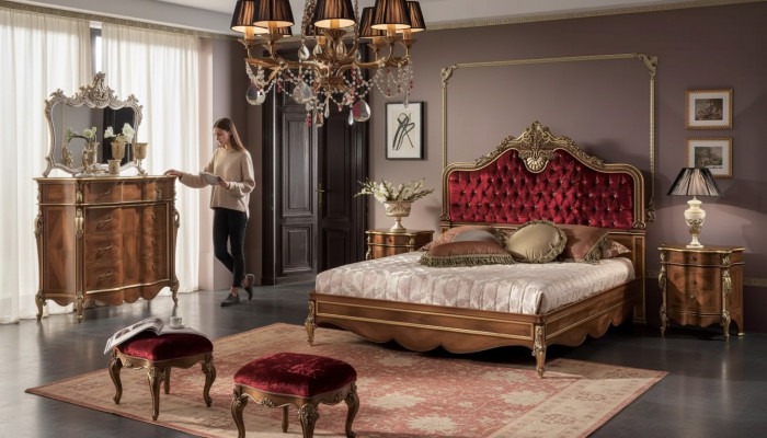 Schlofzëmmer Miwwelen 5 Deeler Set Bett 2x Nuetsdësch Kommode Klassesch Holz