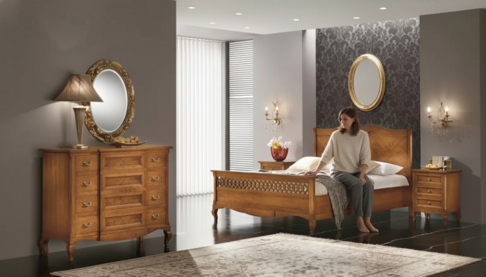 Bett 2x Nuetsdëscher Kommode 5 Deeler Set Schlofzëmmer Italienescht Miwwelen