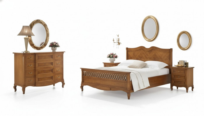 Bett 2x Nuetsdëscher Kommode 5 Deeler Set Schlofzëmmer Italienescht Miwwelen