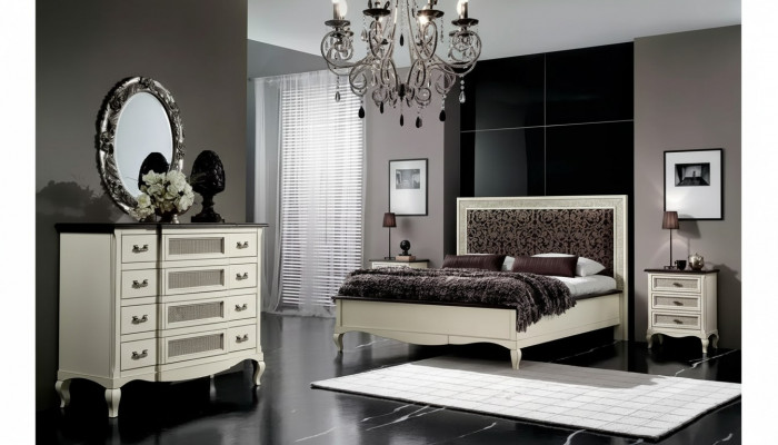 Bett 2x Nuetsdëscher 5 Deeler. Italienesch Miwwelen Schlofkummer Kommode Holz