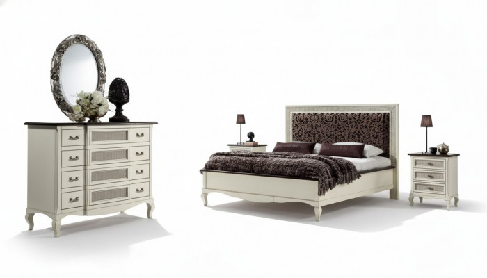 Bett 2x Nuetsdëscher 5 Deeler. Italienesch Miwwelen Schlofkummer Kommode Holz