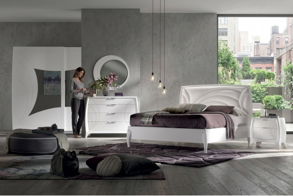 Luxus-Schlofzëmmer-Set Bett 2x Nuetsdëscher Design Kommode Miwwelen 6 Deeler