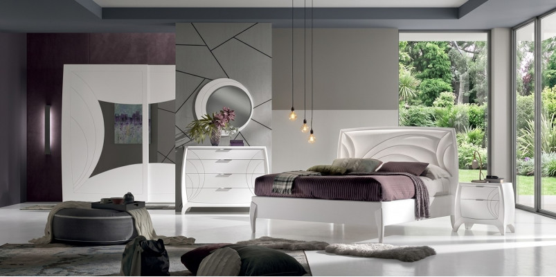 Luxus-Schlofzëmmer-Set Bett 2x Nuetsdëscher Design Kommode Miwwelen 6 Deeler