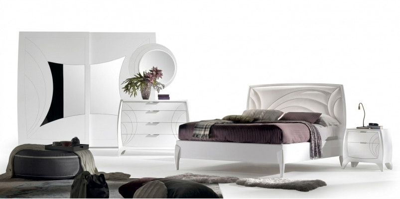 Luxus-Schlofzëmmer-Set Bett 2x Nuetsdëscher Design Kommode Miwwelen 6 Deeler